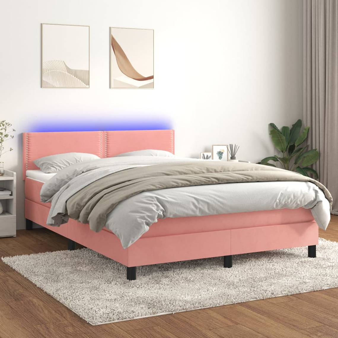 vidaXL Cama box spring c/ colchão/LED 140x190 cm veludo rosa 1