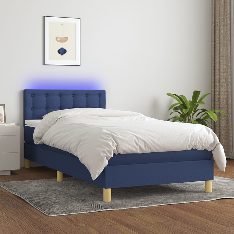 vidaXL Cama box spring c/ colchão e LED 90x190 cm tecido azul 1
