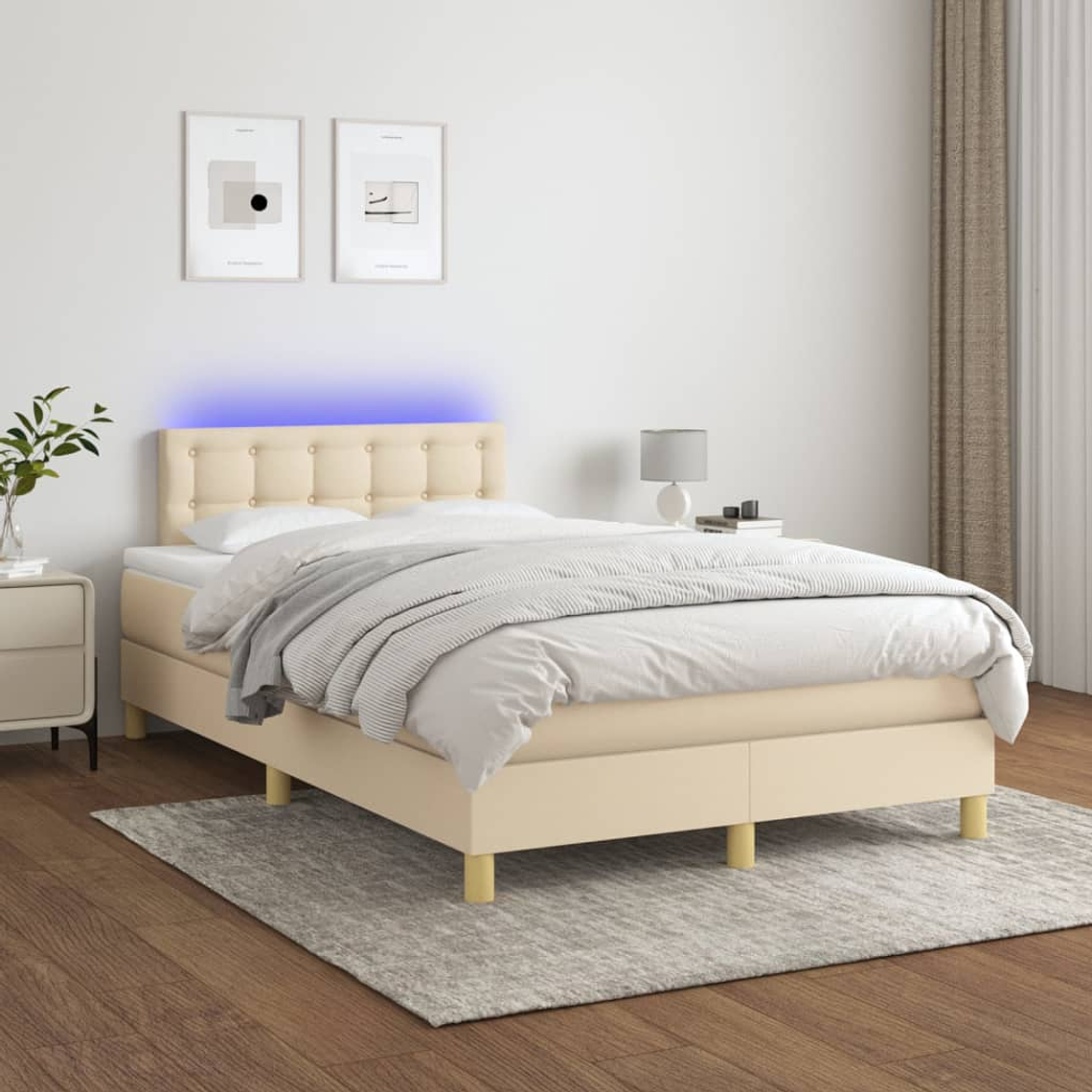 vidaXL Cama box spring c/ colchão e LED 120x200 cm tecido cor creme 1