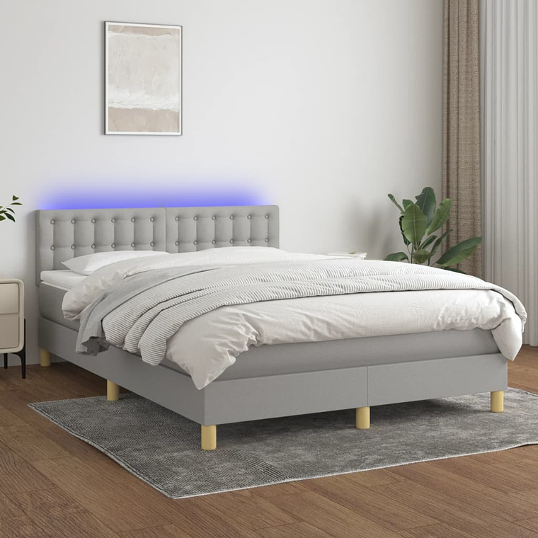 vidaXL Cama box spring c/ colchão e LED 140x190 cm tecido cinza-claro 1