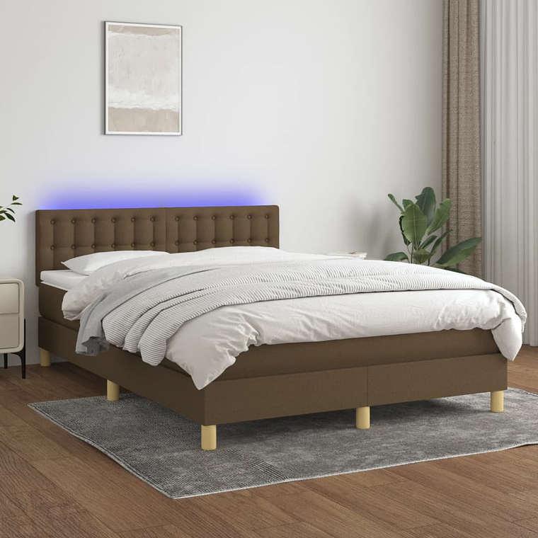 vidaXL Cama box spring c/ colchão/LED 140x190cm tecido castanho-escuro 1