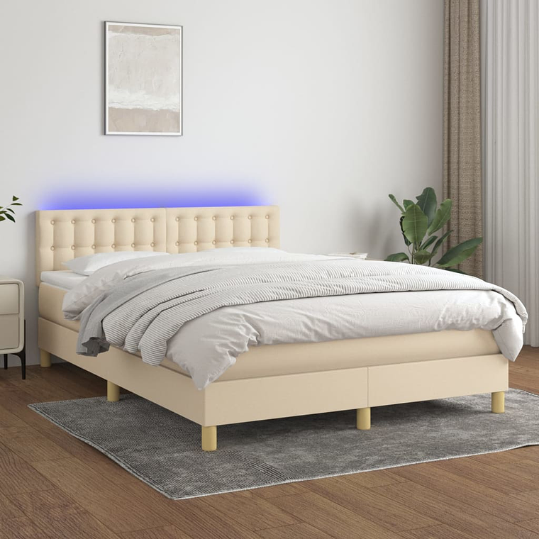 vidaXL Cama box spring c/ colchão e LED 140x190 cm tecido cor creme  1