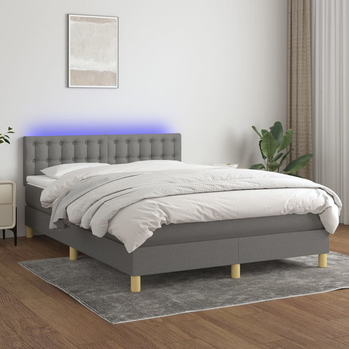 vidaXL Cama box spring c/ colchão e LED 140x200 cm tecido cinza-escuro 1