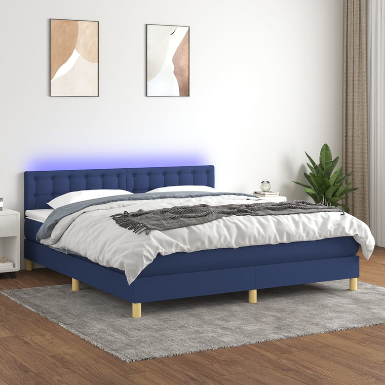 vidaXL Cama box spring c/ colchão e LED 160x200 cm tecido azul 1