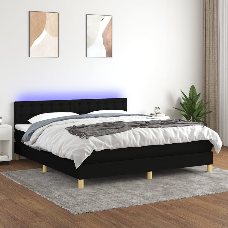 vidaXL Cama box spring c/ colchão e LED 180x200 cm tecido preto  1
