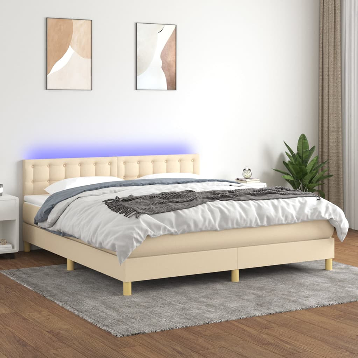 vidaXL Cama box spring c/ colchão e LED 180x200 cm tecido cor creme 1