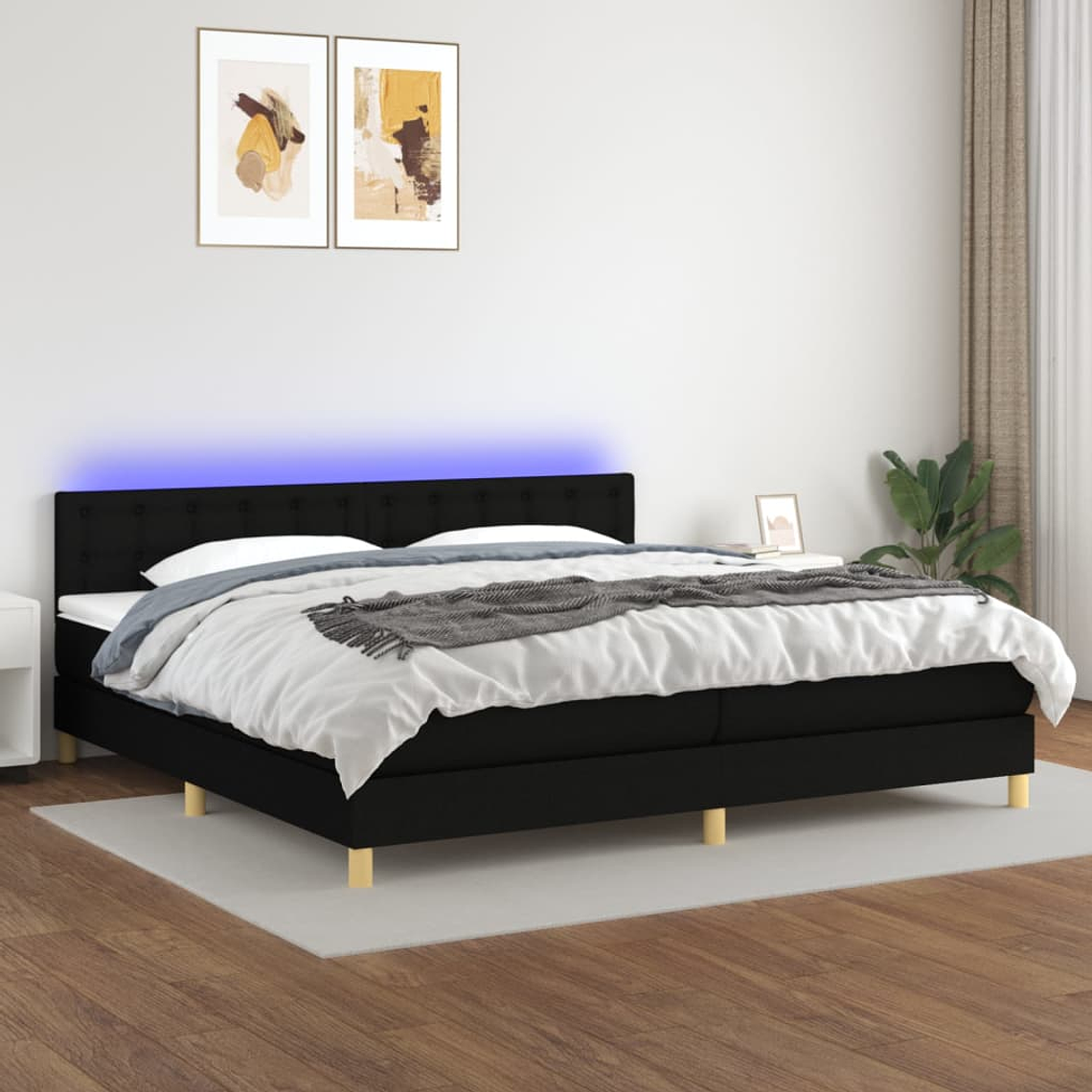vidaXL Cama box spring c/ colchão e LED 200x200 cm tecido preto 1