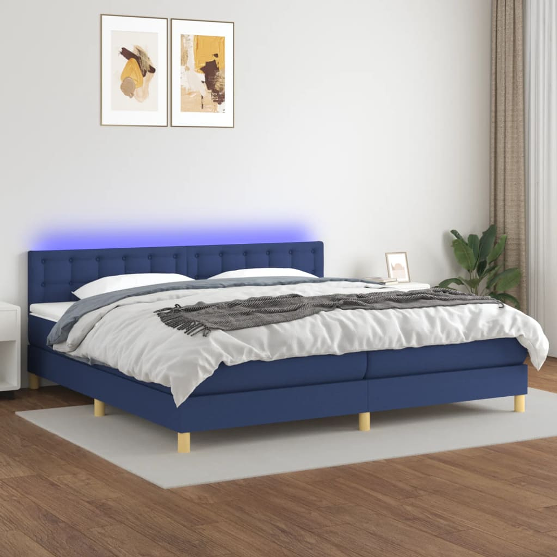 vidaXL Cama box spring c/ colchão e LED 200x200 cm tecido azul 1