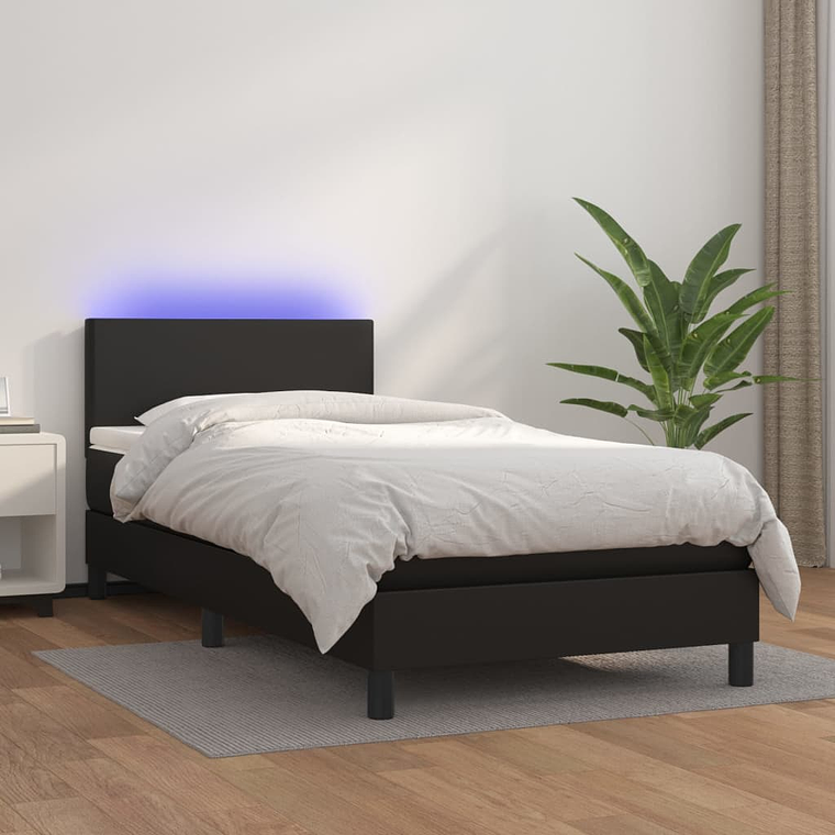 vidaXL Cama box spring c/ colchão/LED 80x200 cm couro artificial preto 1