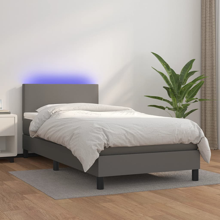 vidaXL Cama box spring c/ colchão/LED 80x200 cm couro artificial cinza 1