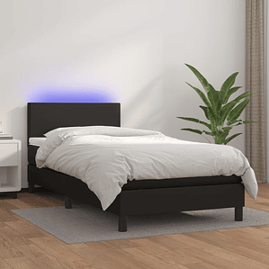 vidaXL Cama box spring c/ colchão/LED 90x190 cm couro artificial preto