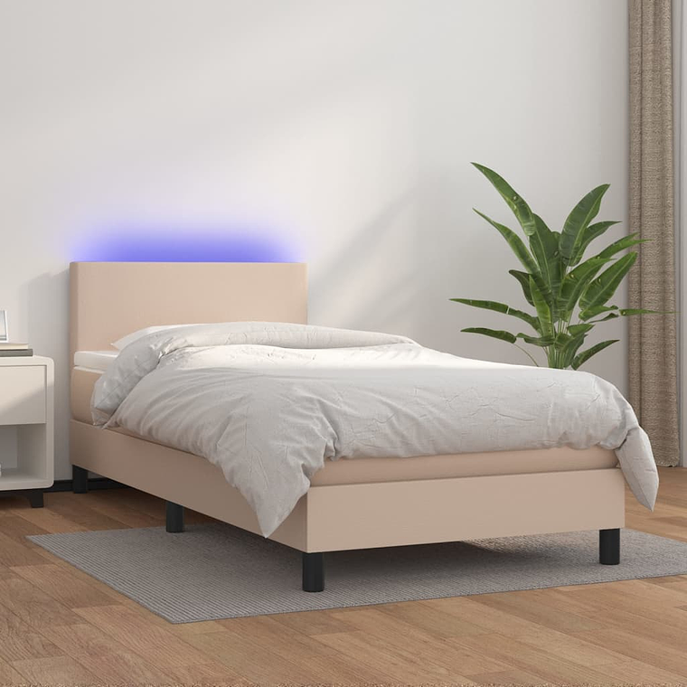 vidaXL Cama box spring c/ colchão/LED 90x190cm couro artif. cappuccino 1