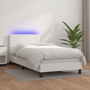 vidaXL Cama box spring c/ colchão/LED 90x200cm couro artificial branco