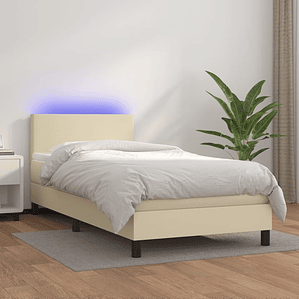 vidaXL Cama box spring c/ colchão/LED 90x200 cm couro artificial creme