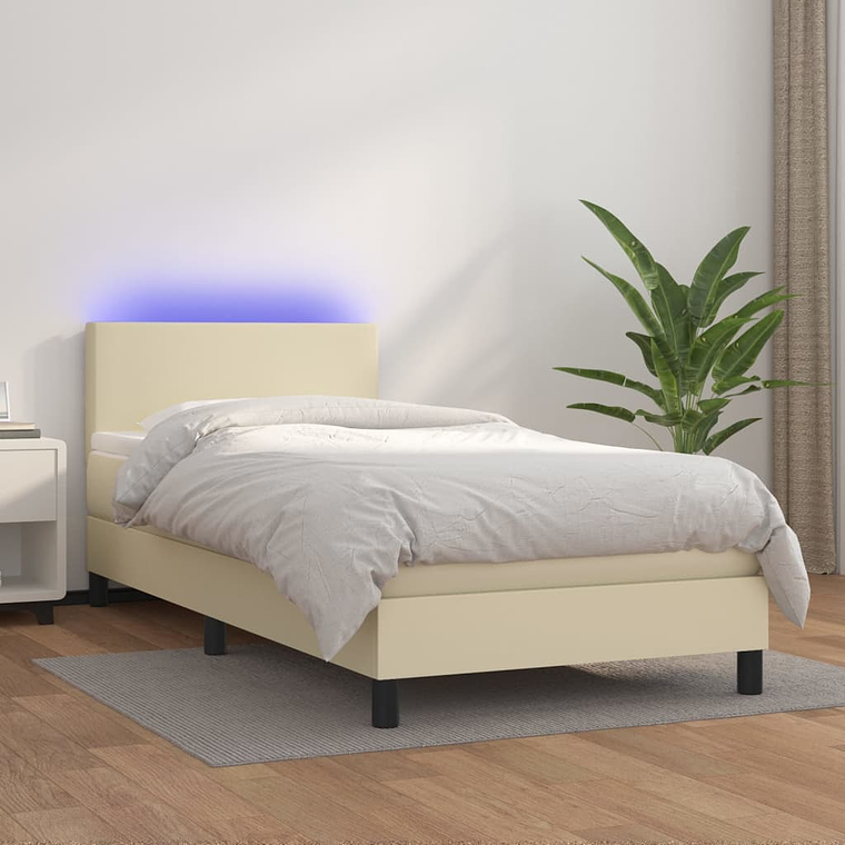 vidaXL Cama box spring c/ colchão/LED 90x200 cm couro artificial creme 1