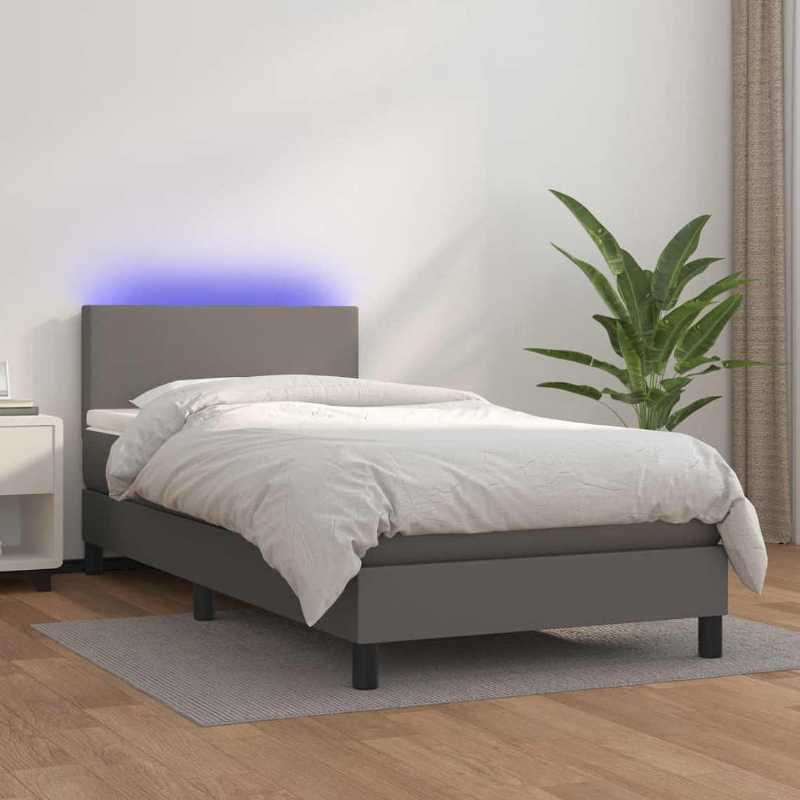 vidaXL Cama box spring c/ colchão/LED 90x200 cm couro artificial cinza 1