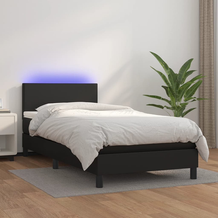 vidaXL Cama box spring c/ colchão/LED 100x200cm couro artificial preto 1