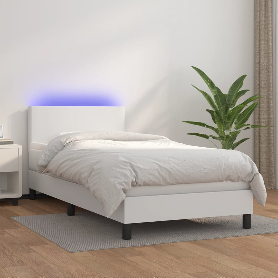 vidaXL Cama box spring c/colchão/LED 100x200cm couro artificial branco 1