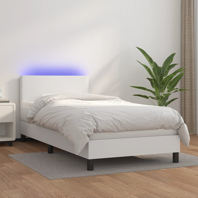 vidaXL Cama box spring c/colchão/LED 100x200cm couro artificial branco 1