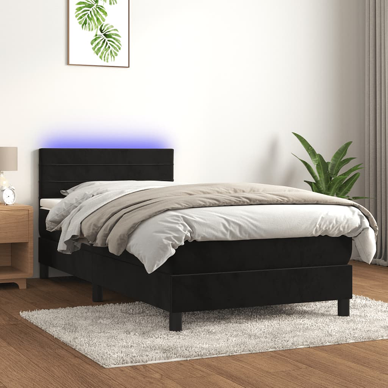 vidaXL Cama box spring c/ colchão/LED 90x200 cm veludo preto 1