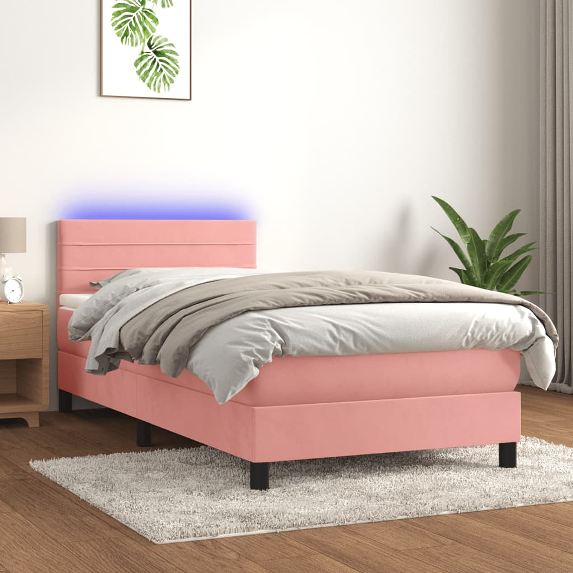 vidaXL Cama box spring c/ colchão/LED 90x200 cm veludo rosa 1