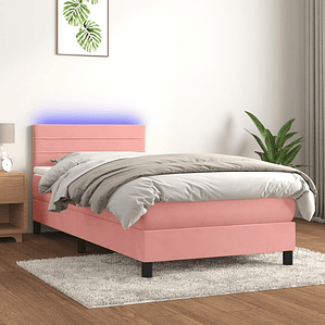 vidaXL Cama box spring c/ colchão/LED 90x200 cm veludo rosa