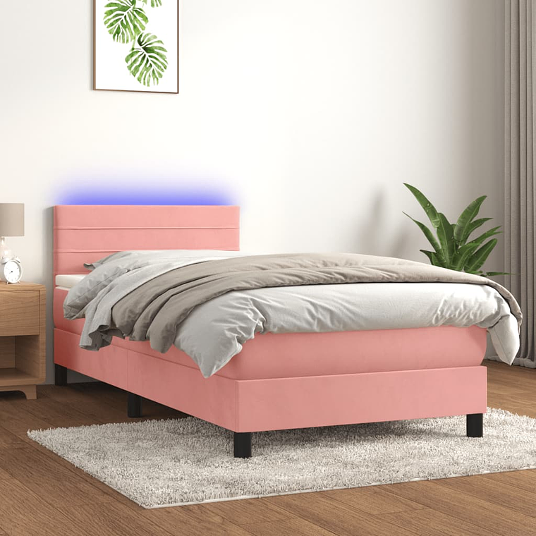 vidaXL Cama box spring c/ colchão/LED 90x200 cm veludo rosa 1