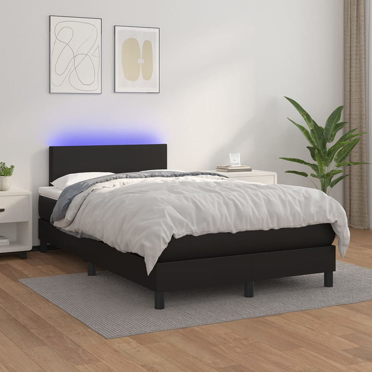 vidaXL Cama box spring c/ colchão/LED 120x200cm couro artificial preto 1