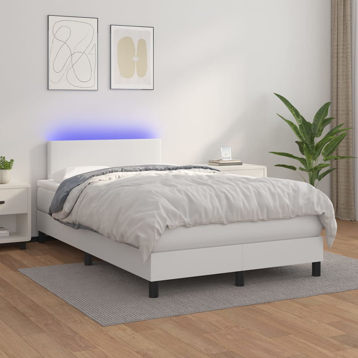 vidaXL Cama box spring c/colchão/LED 120x200cm couro artificial branco 1