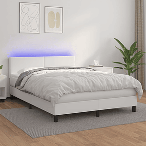 vidaXL Cama box spring c/colchão/LED 140x190cm couro artificial branco