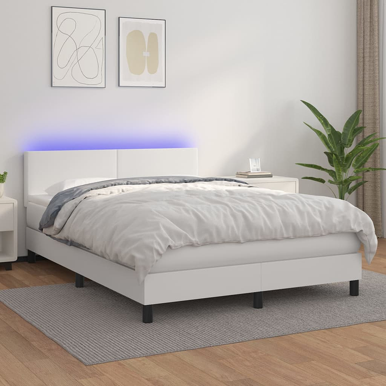 vidaXL Cama box spring c/colchão/LED 140x190cm couro artificial branco 1
