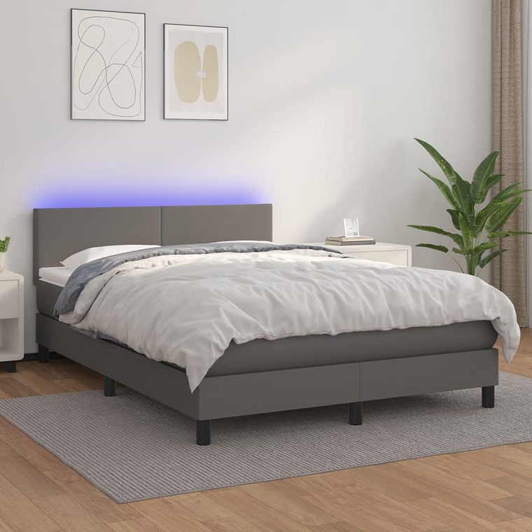 vidaXL Cama box spring c/ colchão/LED 140x200cm couro artificial cinza 1