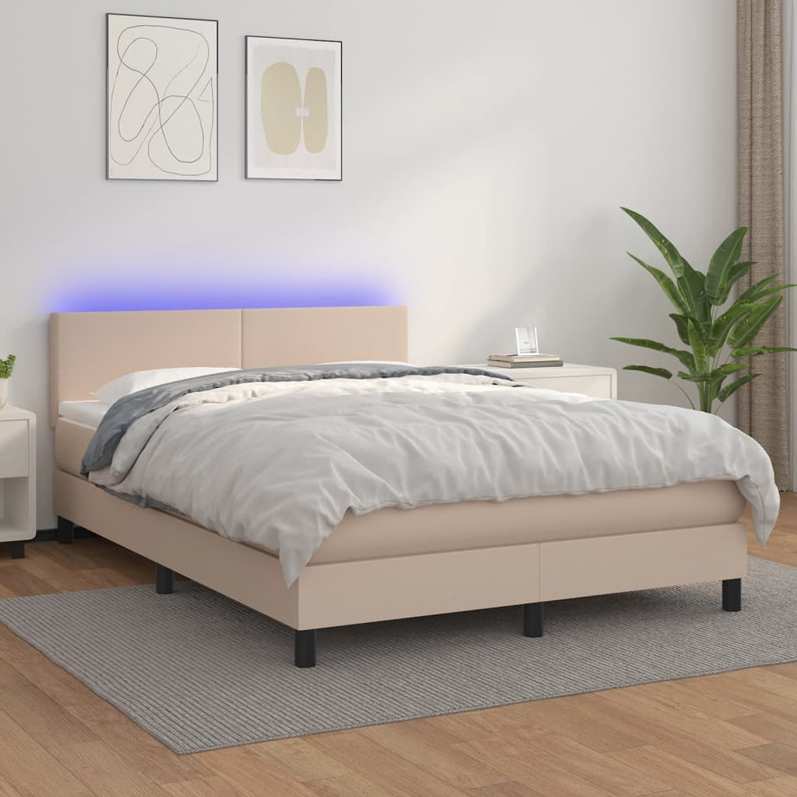 vidaXL Cama box spring c/colchão/LED 140x200cm couro artif. cappuccino 1