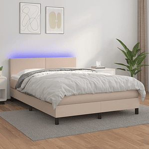 vidaXL Cama box spring c/colchão/LED 140x200cm couro artif. cappuccino