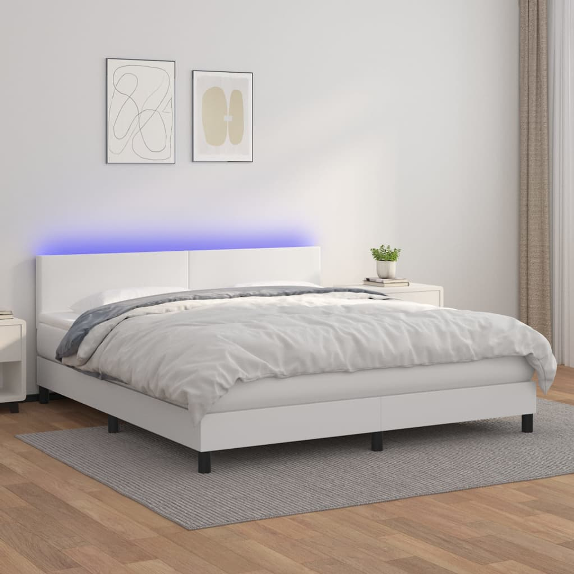 vidaXL Cama box spring c/colchão/LED 160x200cm couro artificial branco 1