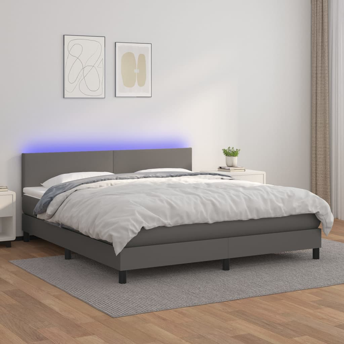 vidaXL Cama box spring c/ colchão/LED 160x200cm couro artificial cinza 1