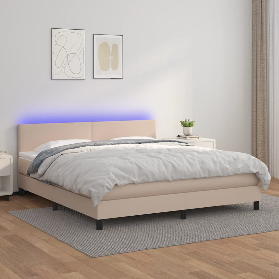 vidaXL Cama box spring c/colchão/LED 160x200cm couro artif. cappuccino 1