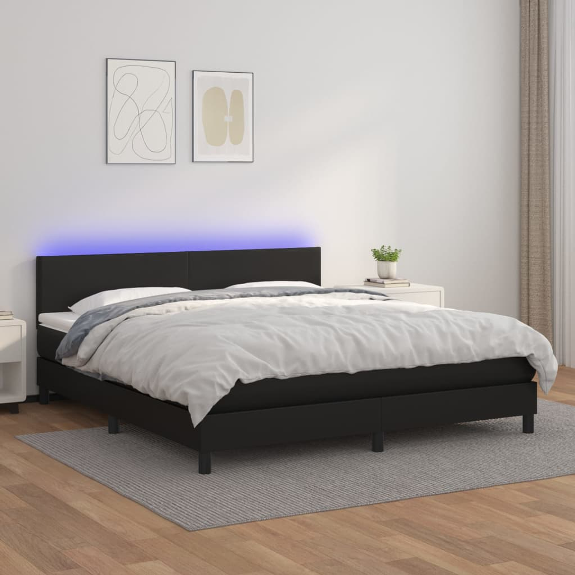 vidaXL Cama box spring c/ colchão/LED 180x200cm couro artificial preto 1