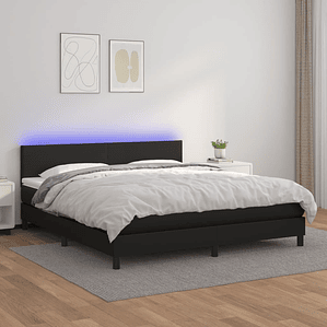 vidaXL Cama box spring c/ colchão/LED 180x200cm couro artificial preto
