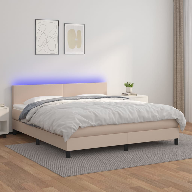 vidaXL Cama box spring c/colchão/LED 180x200cm couro artif. cappuccino 1