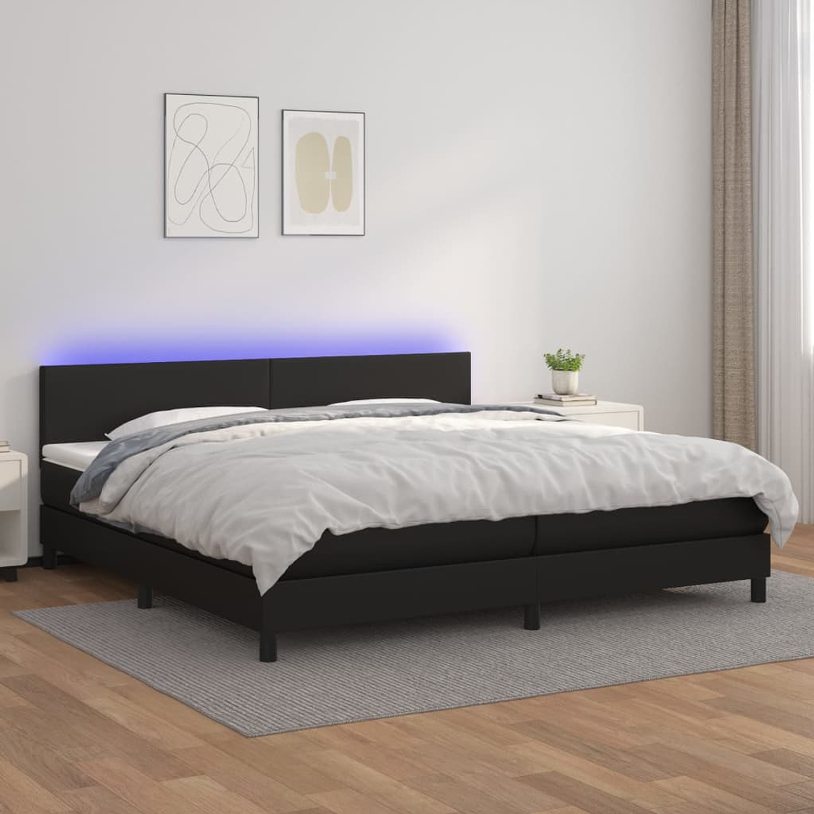 vidaXL Cama box spring c/ colchão/LED 200x200cm couro artificial preto 1