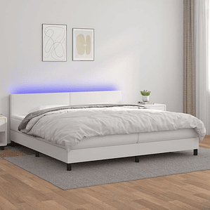 vidaXL Cama box spring c/colchão/LED 200x200cm couro artificial branco