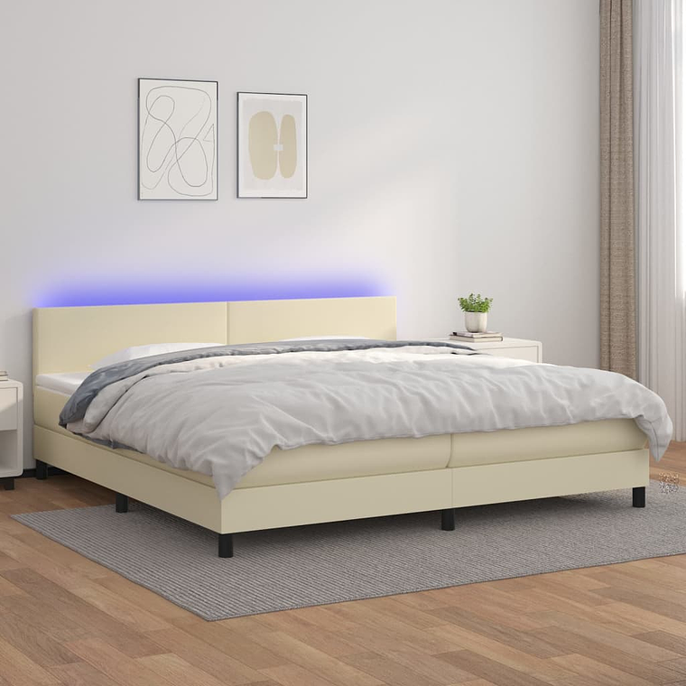 vidaXL Cama box spring c/ colchão/LED 200x200cm couro artificial creme 1