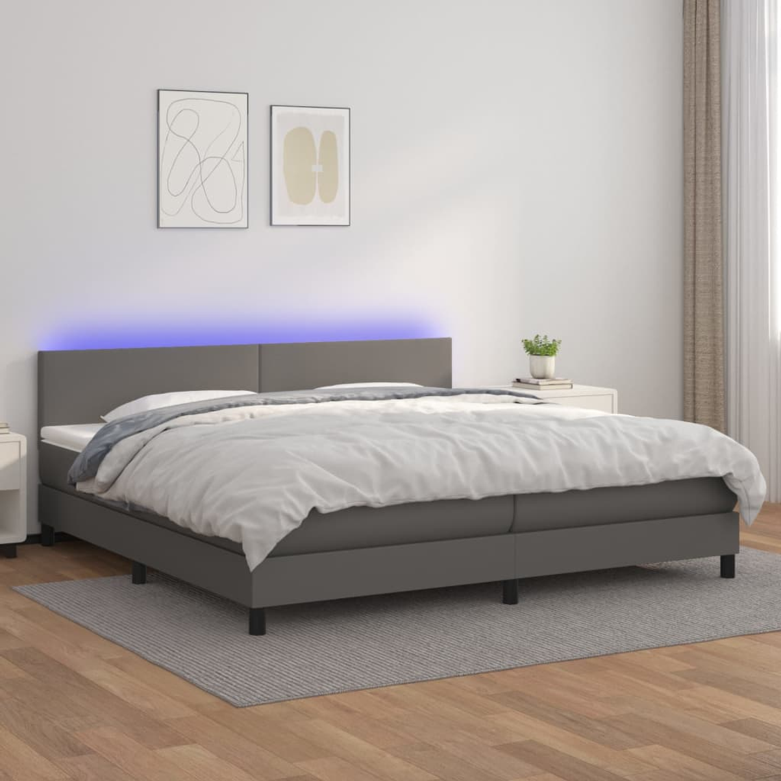 vidaXL Cama box spring c/ colchão/LED 200x200cm couro artificial cinza 1
