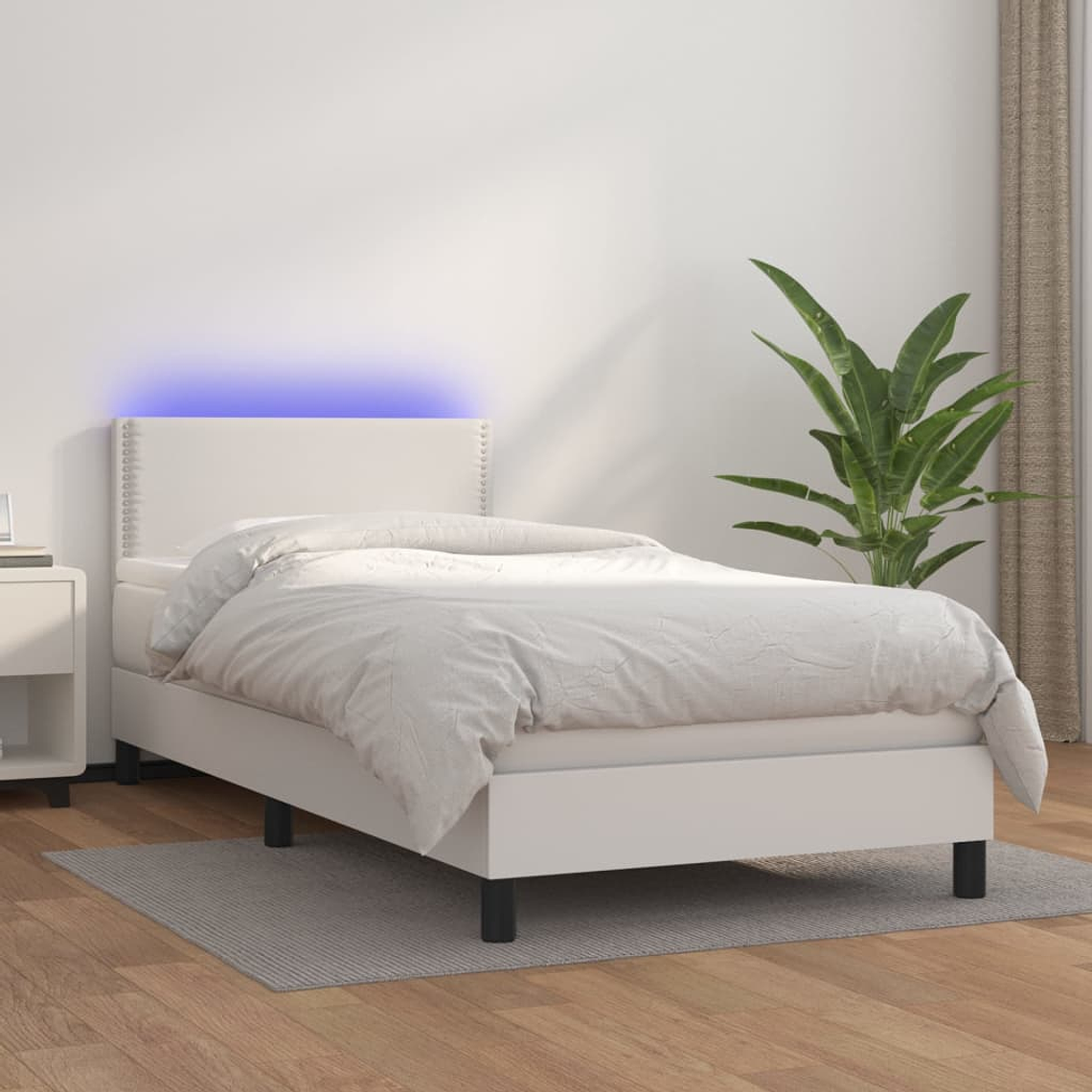 vidaXL Cama box spring c/ colchão/LED 80x200cm couro artificial branco 1