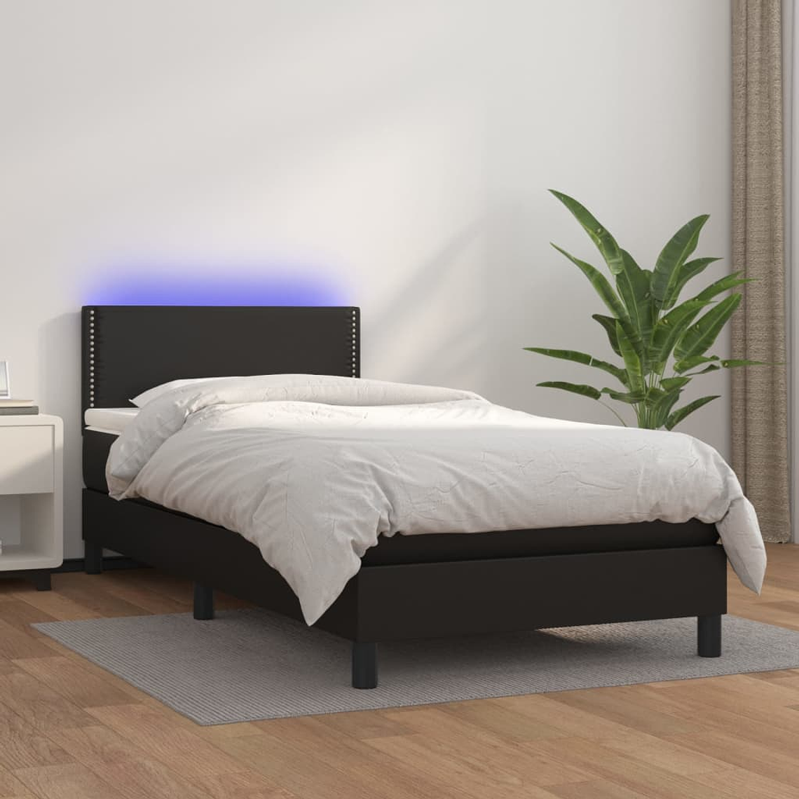 vidaXL Cama box spring c/ colchão/LED 100x200cm couro artificial preto 1