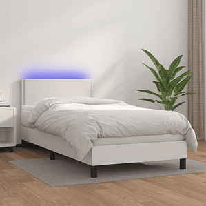 vidaXL Cama box spring c/colchão/LED 100x200cm couro artificial branco