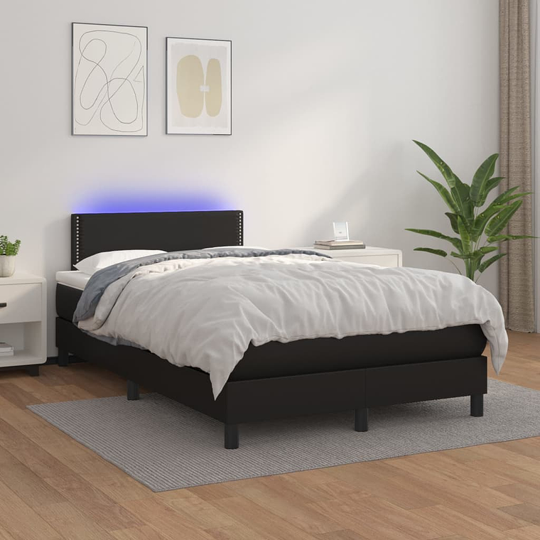 vidaXL Cama box spring c/ colchão/LED 120x200cm couro artificial preto 1