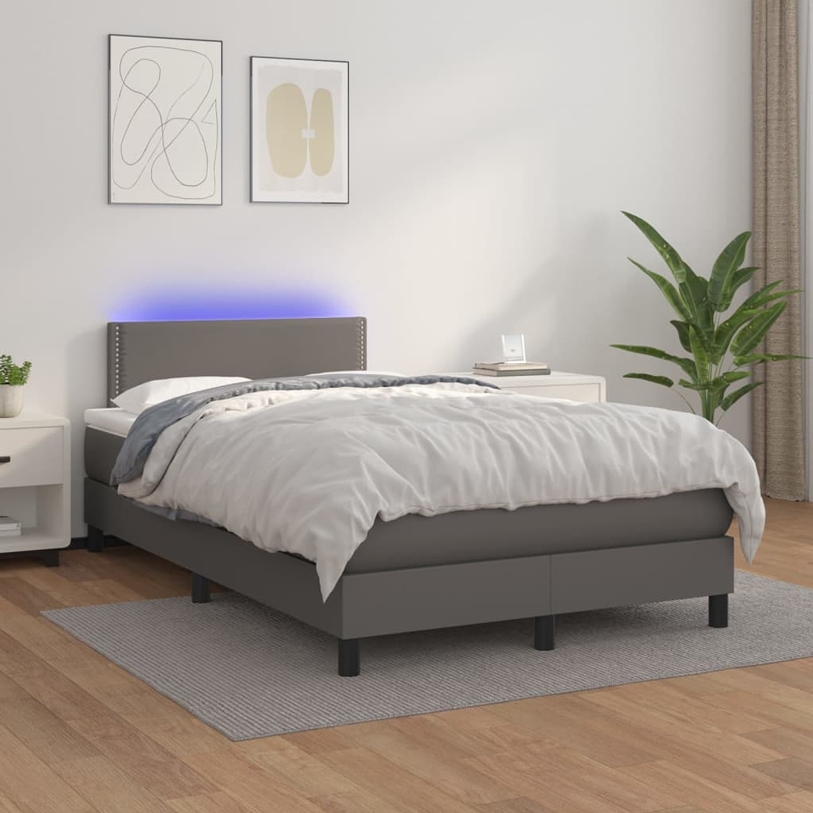 vidaXL Cama box spring c/ colchão/LED 120x200cm couro artificial cinza 1
