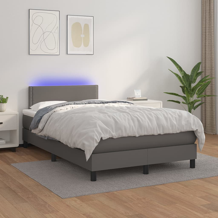 vidaXL Cama box spring c/ colchão/LED 120x200cm couro artificial cinza 1